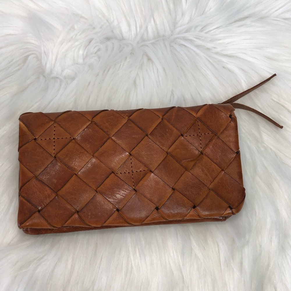 Vilenca Holland woven distressed cognac bifold continental leather wallet.